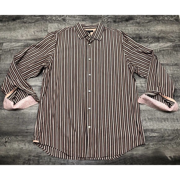 Banana Republic Sz XL Shirt French Cuffs Men’s Brown & Tan Stripes Button Up B1 - Picture 1 of 7